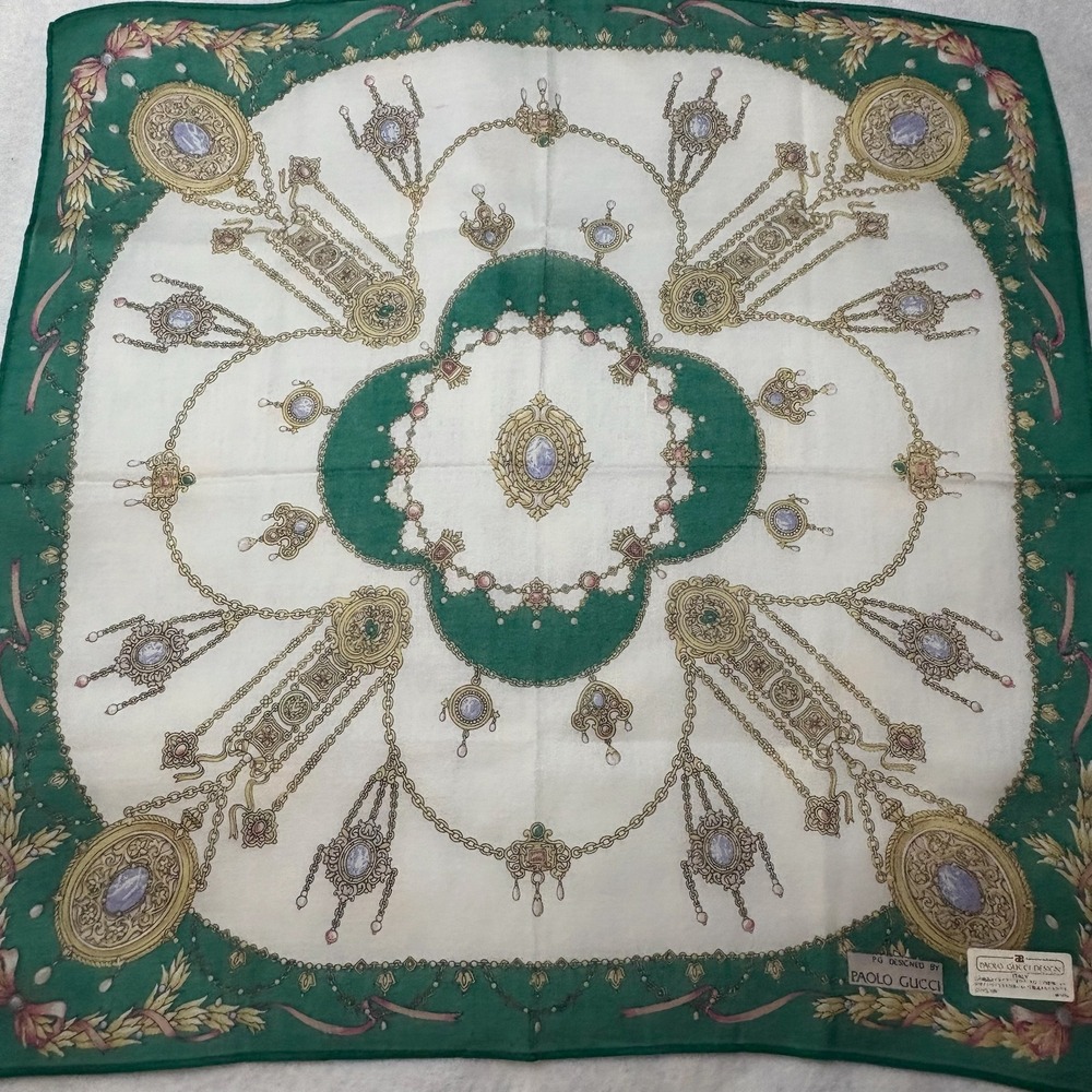 Vtg PAOLO GUCCI Scarf Handkerchief Jewelry Chain Medallion Cotton Green 17"